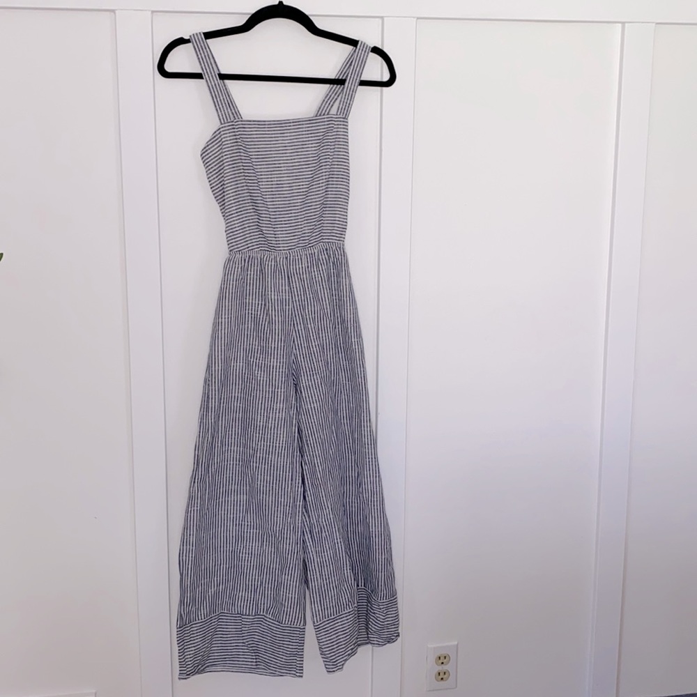 NWT Speechless XS tie back wide leg cropped jumpsuit blue and white striped